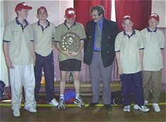 Ballincollig Boys Munster Final Winners and first recipients of the James Bourke Perpetual Trophy Left to Right: Mike Spitere, Killian Healy, Eoin Hegarty, Mike Bourke (Munster Community Games Director & brother of the late James Bourke), Eoin Mc Nally, Michael Buckley.