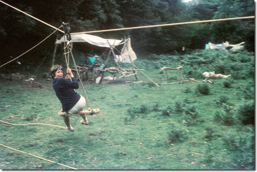 Scouts Quantocks - Richard Myatt on self-built aerial ropeway - before landing in the nettles - Class year of 1971 & '72