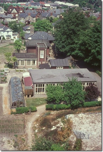 School view from water tower - Reservoir, Pet shed, Glass house, Croydon House & woodwork rooms