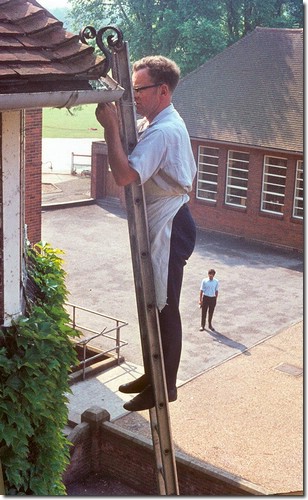 School view from boy's dorm's - Gutter maintenance by ladder (who?) , Prem Sharma looking on