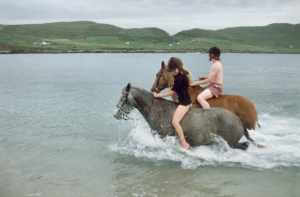 Tom & Aisha swimming their horses at the beach
