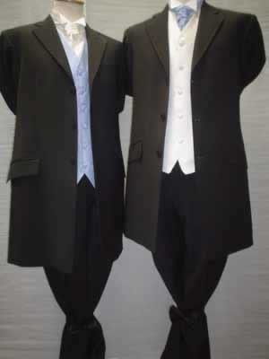 Lightweight black three-quarter suits with sky blue and Tenby ivory waistcoats