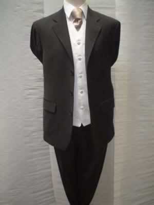 Black lightweight suit with No 7 waistcoat and coffee crepe tie