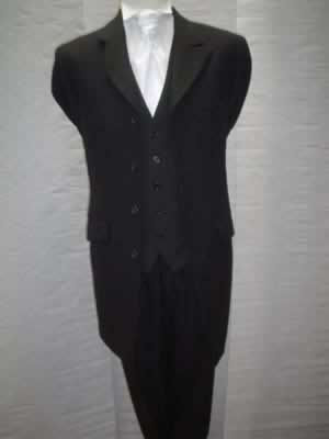 Black Prince Edward jacket with matching trousers, black waistcoat and white cravat