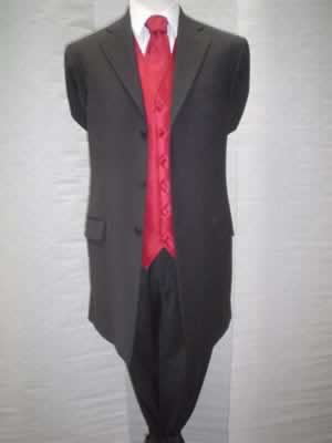 Black lightweight three-quarter suit with deep red waistcoat and matching tie