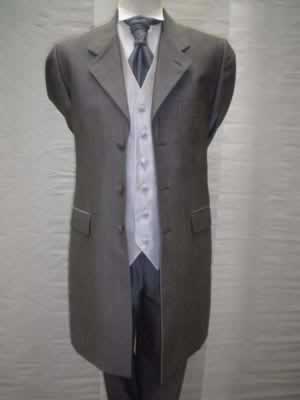 Grey three-quarter suit with matching trousers and plain silver waistcoat