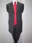 Black lightweight three-quarter suit with deep red waistcoat and matching tie (5kb)