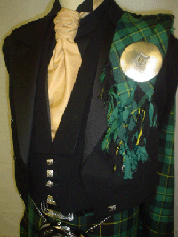 Close-up of Fly Plaid with Celtic brooch