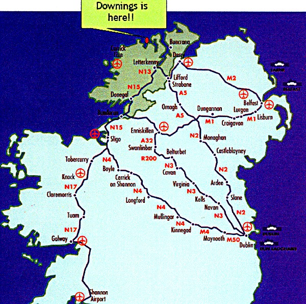 A map of Ireland showing the main routes from the 
ports to Co. Donegal.