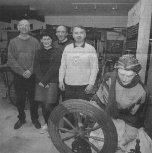 Stephen Bennett, Artist; Ruth Kavanagh, Silversmith and Designer; Laurence Herron, Bogwood Sculptor and Colm Sweeney, Tapestry Weaver and sat on the spinning wheel is Ardara Annie.