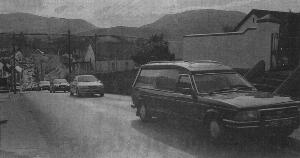 The hearse carrying the remains of the late Clr. Charlie Bennett arives back to his native Ardara on Tuesday.