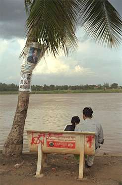 The riverside in Phnom Penh. Election propaganda on the tree.