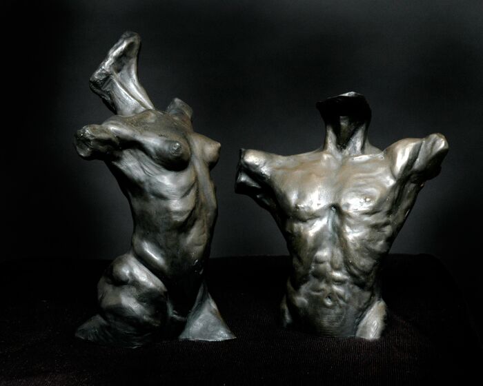 'Male & Female Ballet Dancer' €125 each 1/2            20cm x15cm male, 22cm x15cm female                             (cold cast bronze)