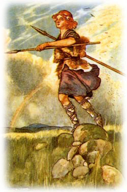 Young Cuchulain with a spear