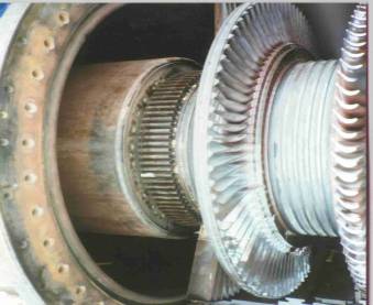 MS9001E(PG9151E) Turbine section, third stage buckets removed, during a Hot Gas Path Inspection carried out by Energy Innovation Ltd.