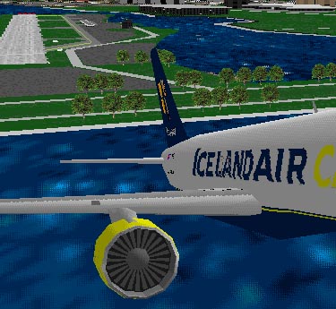 Front view, from Flight Simulator, of an Icelandair plane climbing out from Meigs airfield, Chicago