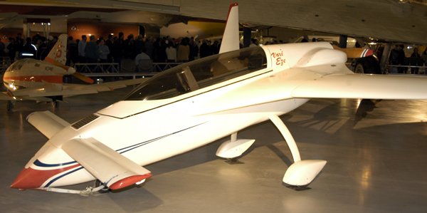 Photograph of a Burt Rutan VariEze in a hangar.