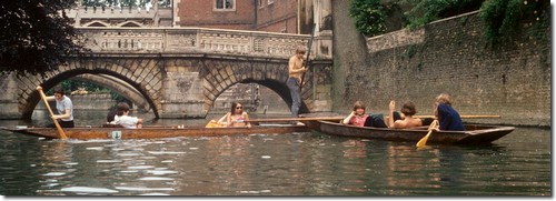 Punting on river Cam after exams - Martin Underwood, Tanya Fox, Barbara Hawtin, Jean Appleton, Sarah Bonner.  Class year of 71