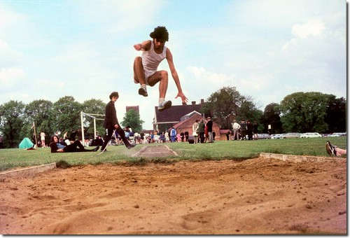 Sports Day - Long Jump-Mike Kyrkos landing,Nick.Smith measuring <br> Class year of 1971