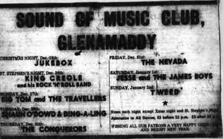 Sound of Music Advertising Banner featuring Jukebox, King Creole and his Rock 'N' Roll Band, Big Tom and The Travellers, Shaun O' Dowd & Ding-A-Ling, The Conquerors, The Nevada, Jesse and the James Boys, Tweed