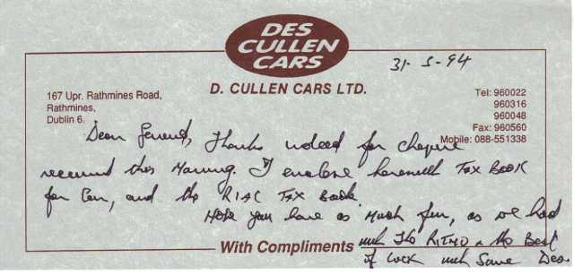 Des Cullen compliment slip