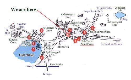 Map of Keadue Village showing numbered sites to see.