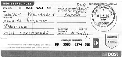 Registered receipt for original of above letter