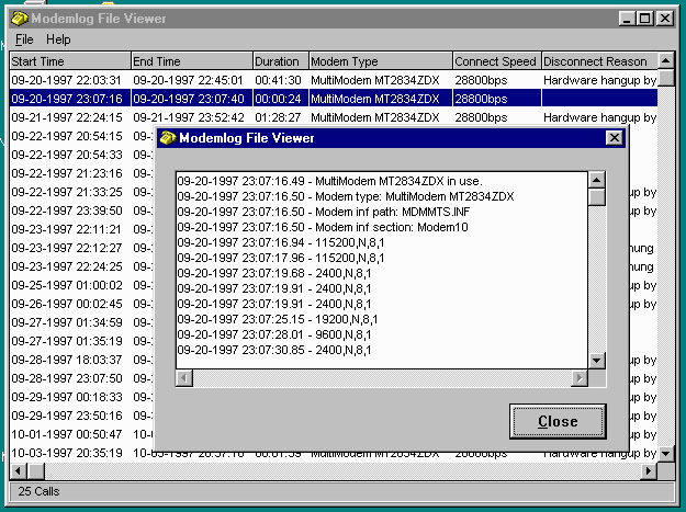 screen capture of the Modemlog File Viewer in use - 23Kbytes