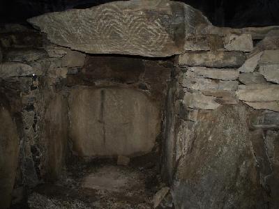 South recess with decorated lintel - Fourknocks Passage Tomb.