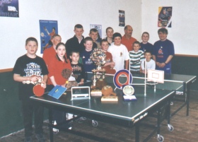 Owen Kelly and Kieran McCarthy at the back on the far right, with the trophies and Batskills equipment
