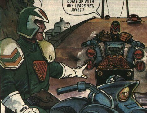 'RIGHT THERE, DREDD! I'M JOYCE, WELCOME TO THE ISLE.' in prog. 728, Art by Steve Dillon 46kB