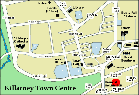Killarney Town Centre, the red spot locates Dromhall Heights B&B