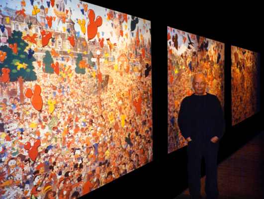Ernest Ruckle with a computer enlargement of
"The EuroDisney Triptych", Louis K. Meisel Gallery, New York, Dec. 1999