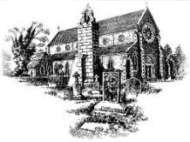 Church of The Assumption Piltown. Pencil drawing by Bill Moore. Picture shows  Church  with Belfry of the original Church with The Madonna and Child in the foreground. The Madonna an dChild i sto be seen at the right hand side of the entrance gate. 