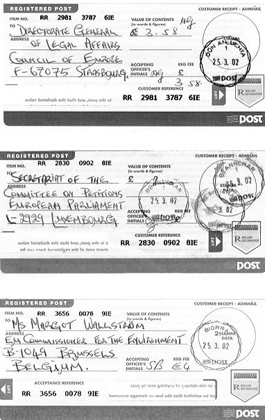 Registered letter receipts from the Post Office for three letters containing printed (and signed) copies of the above e-mail to GRECO dated March 25th 2002.