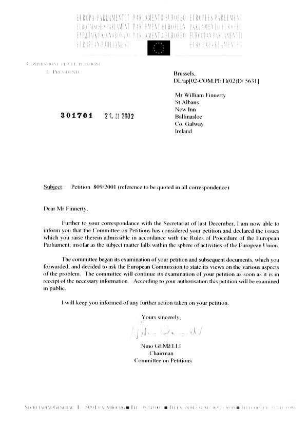 Electronic copy of letter dated February 21st 2002 from the European Parliament Committee on Petitions which relates to local environment problems in New Inn (County Galway)