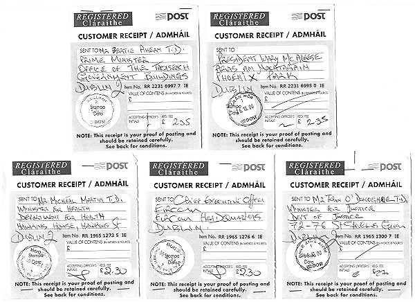 Scanned images of Post Office Registration Receipts